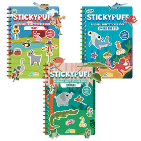 DINO MINI Stickypuff value pack featuring 3 reusable animal sticker books for hands-on play