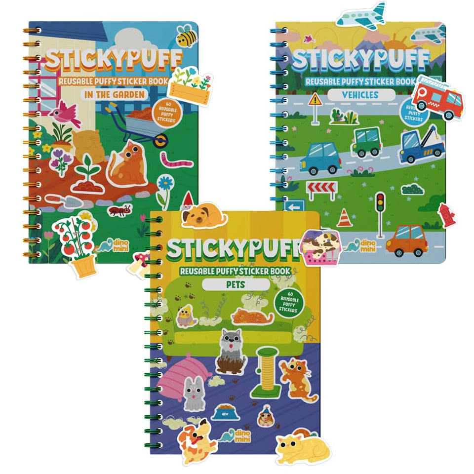 DINO MINI Stickypuff value pack cover with colorful sticker books for screen-free play.