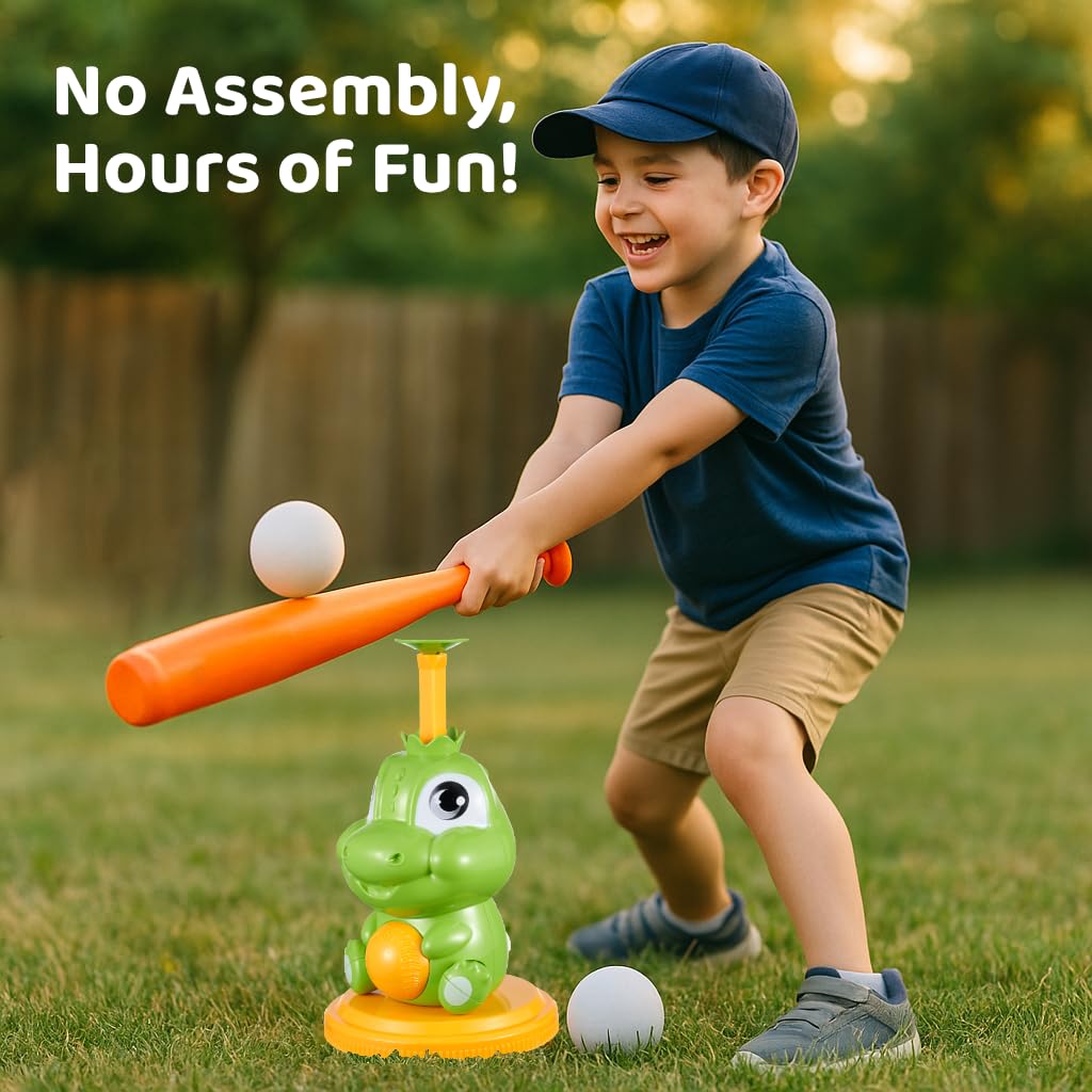 Green dinosaur tee base engages kids while building hand-eye coordination during play.