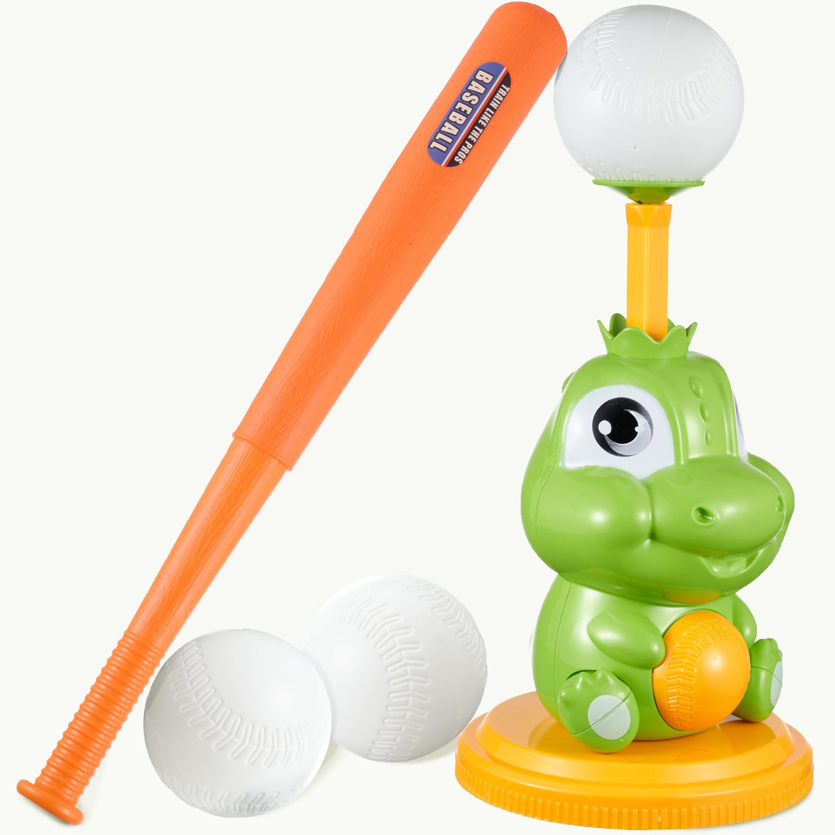 Dinoland pop-up T-Ball set with dinosaur tee for easy batting practice anywhere.