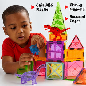 Dinoland square and triangle tiles enable geometric exploration and sturdy builds.