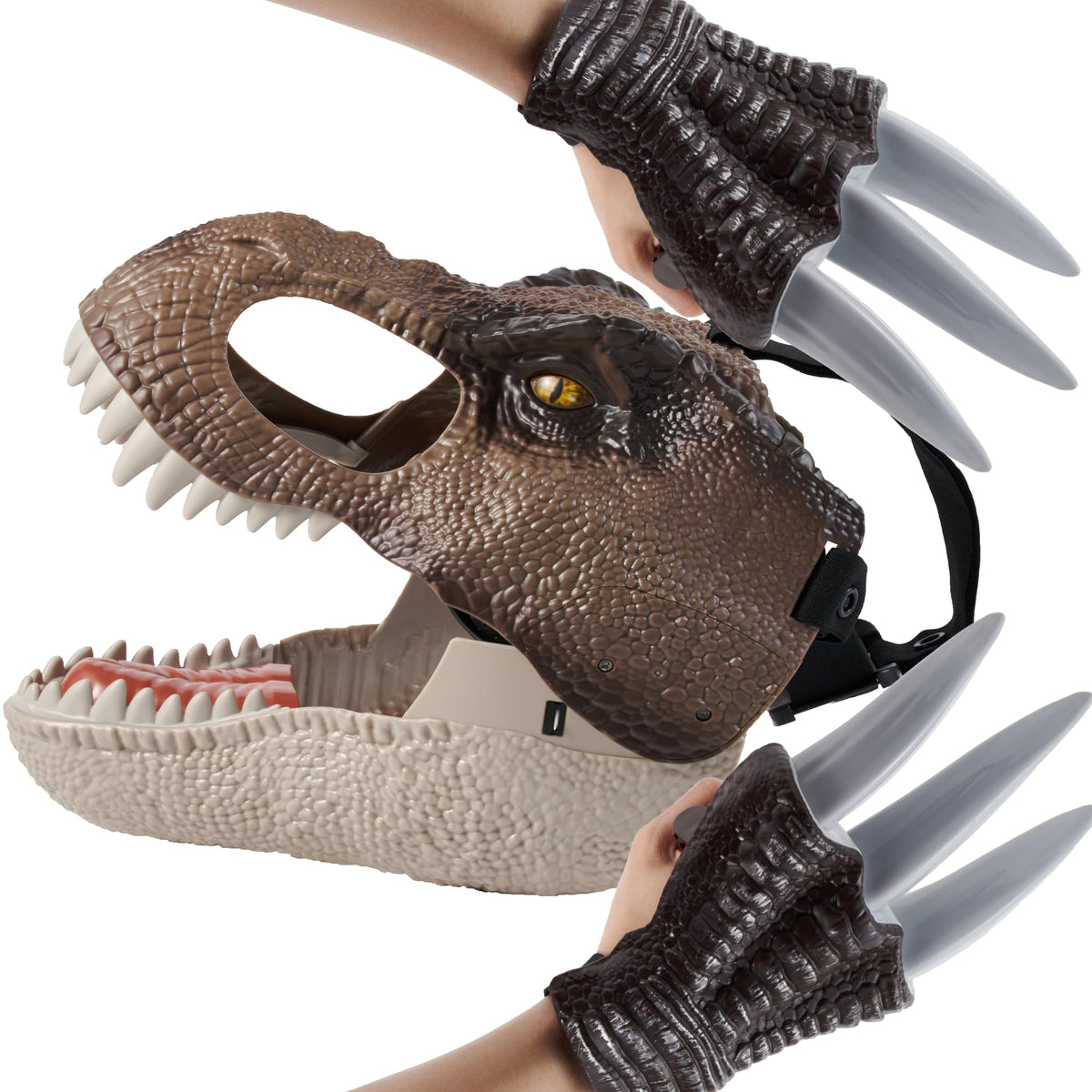Dinoland T-Rex mask front view with vivid eyes and teeth for authentic dress-up