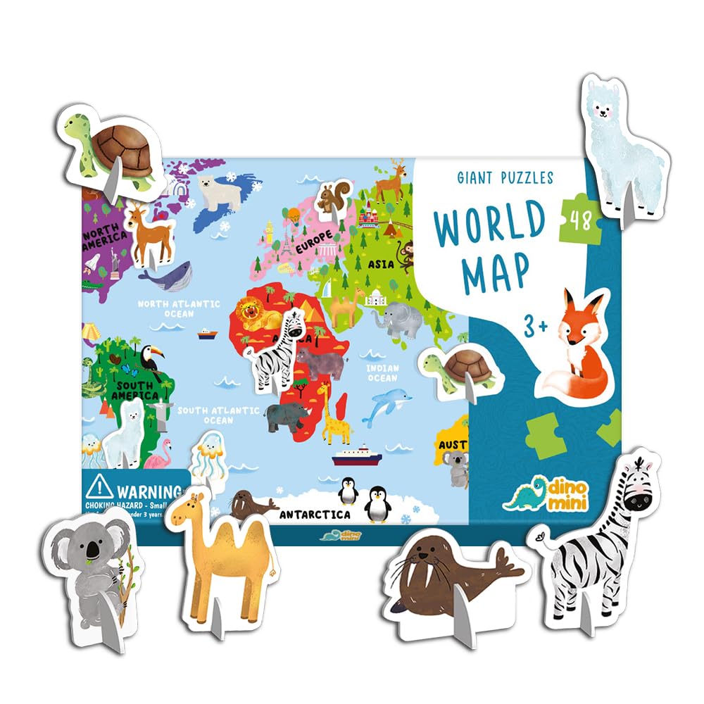 DINO MINI Dinomini giant world map puzzle with standing figures for engaging floor play.