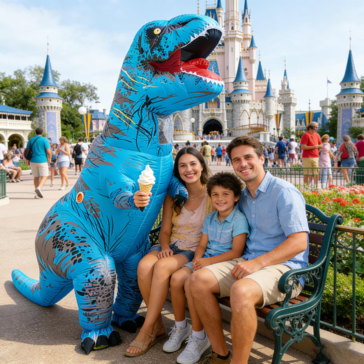 Dinoshenyu inflatable dino costume used outdoors at a park or event