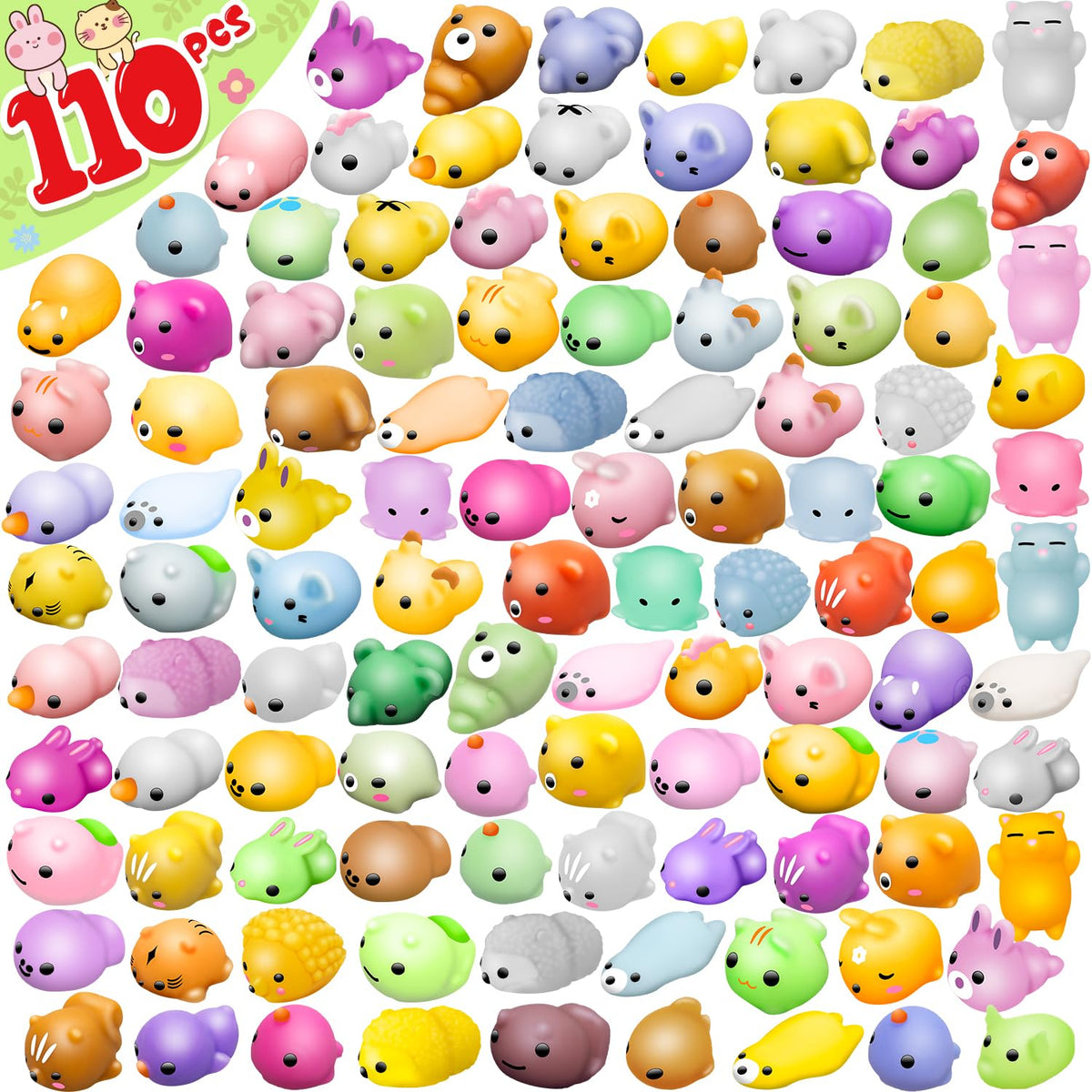 Dioju 110 Pcs Mochi Squishy Toys bulk in colorful packs for party favors and giveaways.