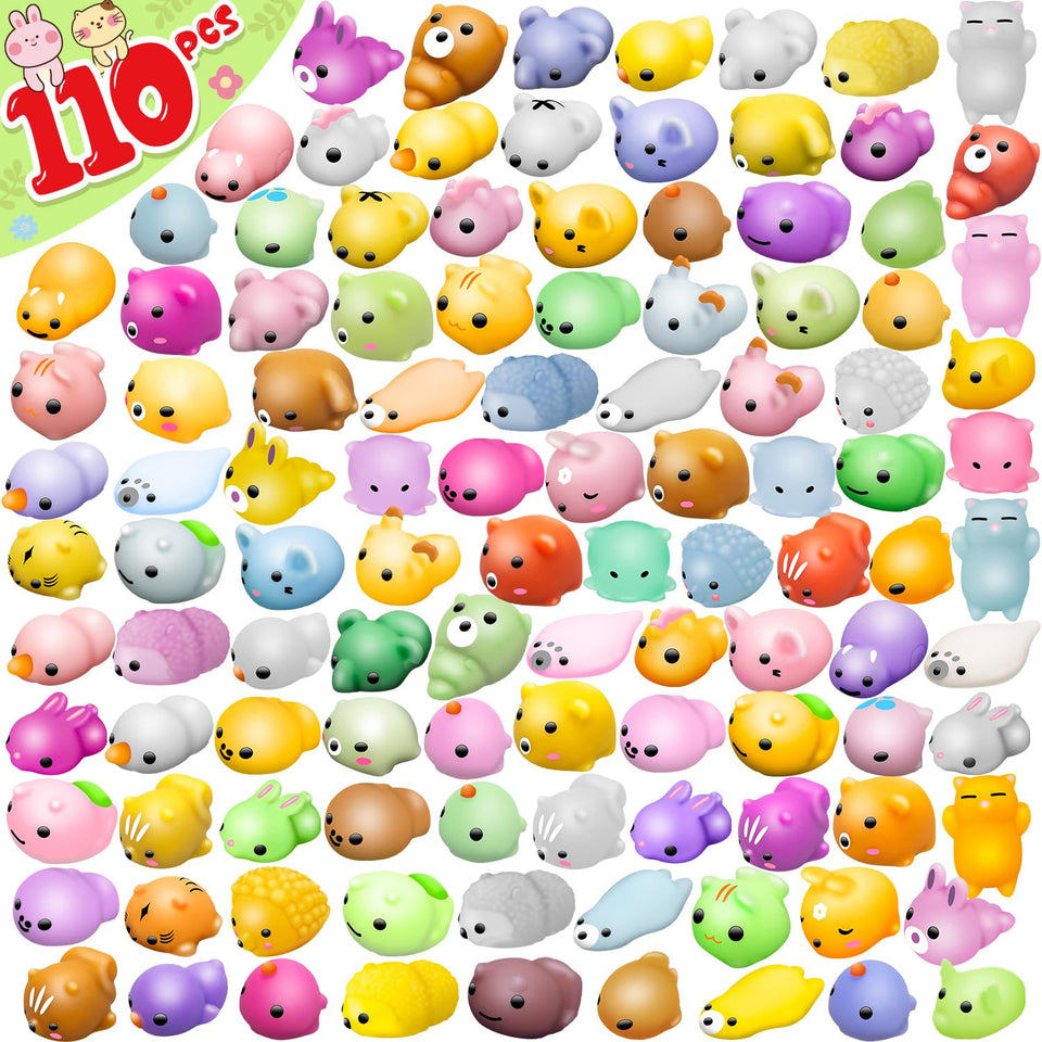 Dioju 110 Pcs Mochi Squishy Toys bulk in colorful packs for party favors and giveaways.