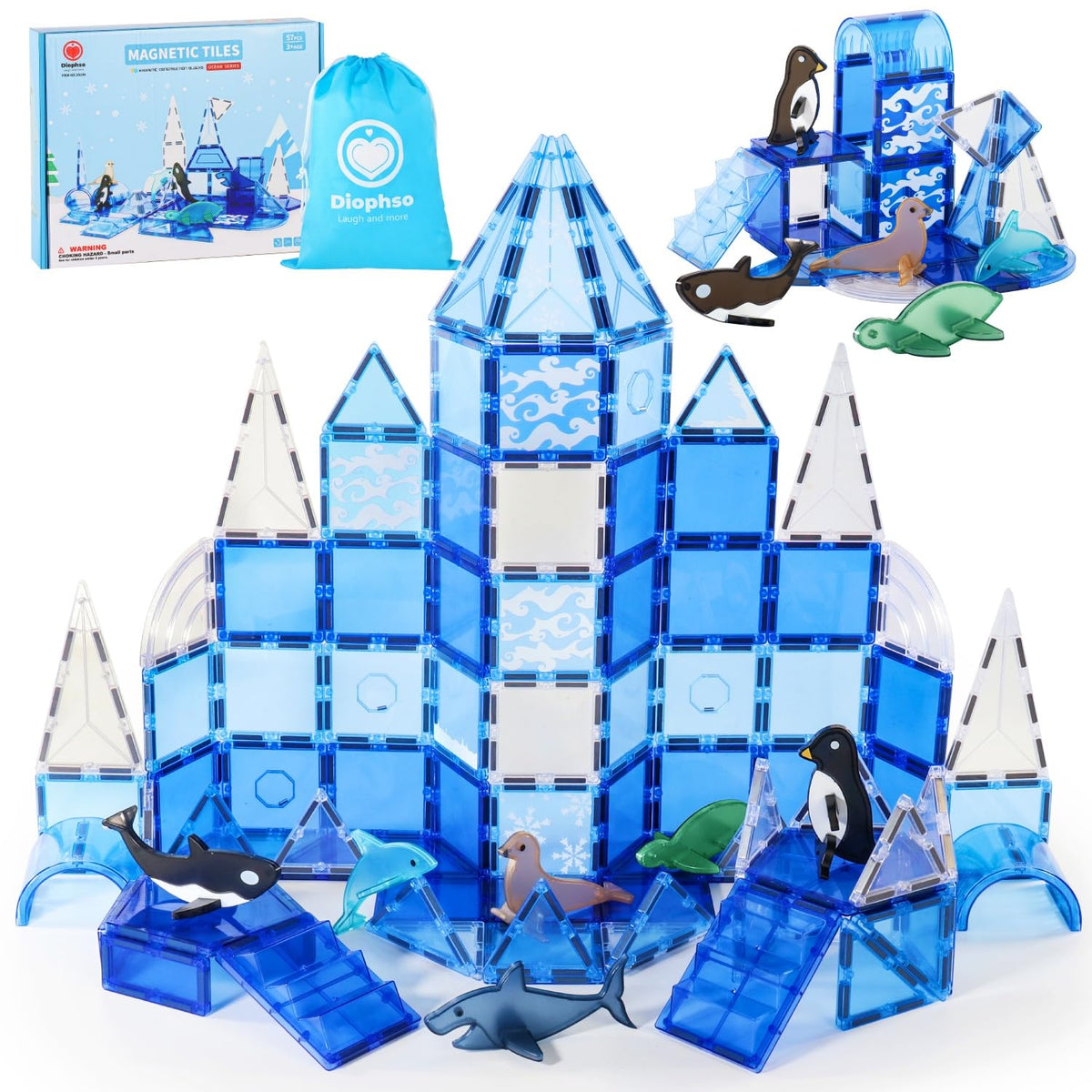 Diophso Arctic Animals magnetic tiles with a shark for creative underwater play and spatial learning