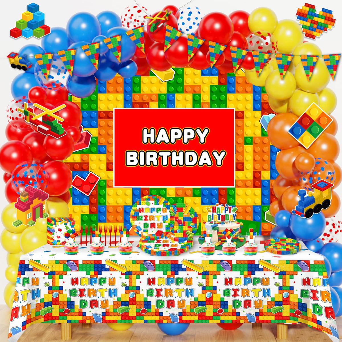Diosnase Building Block Birthday Arch creates a playful entrance for guests.