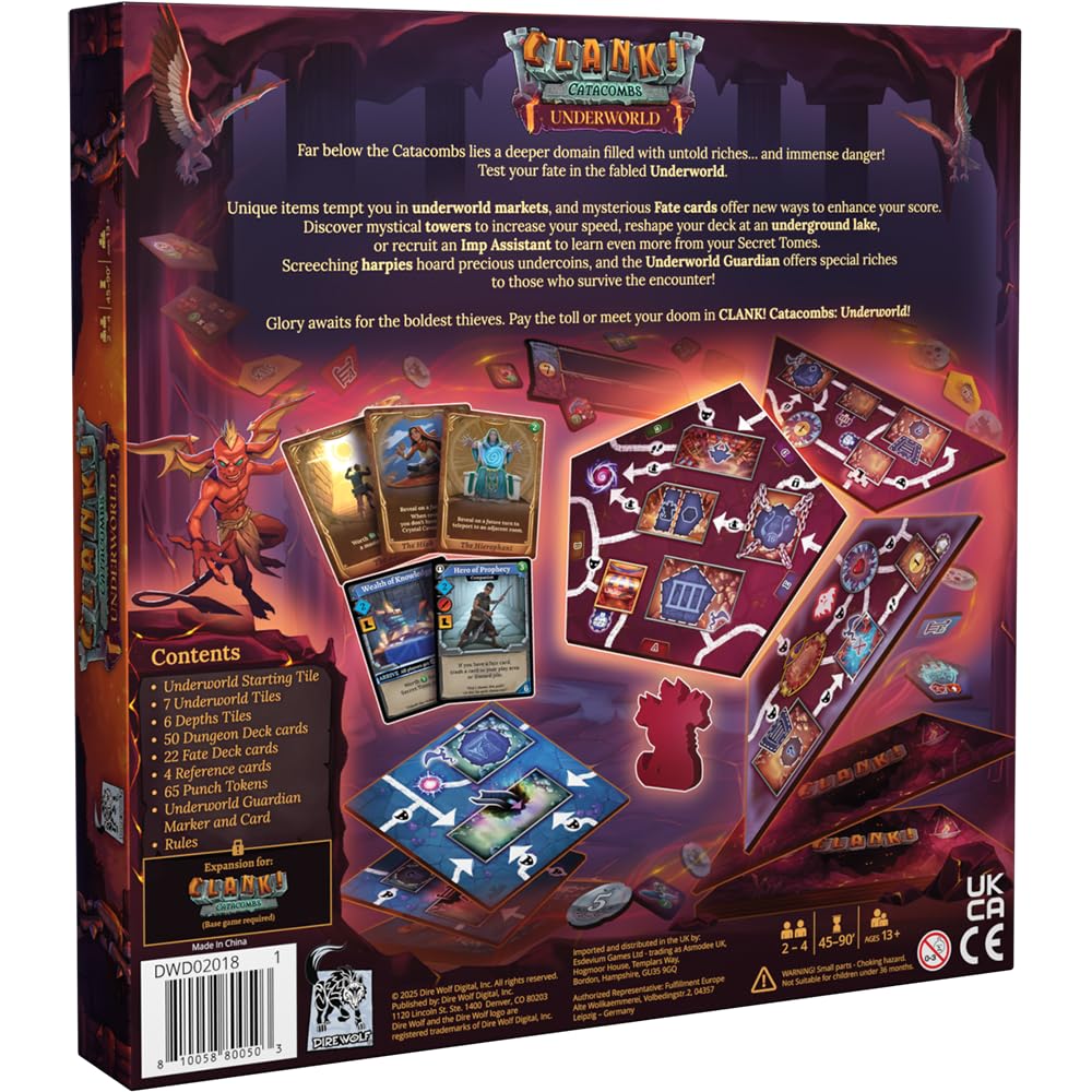 Dire Wolf Clank! Catacombs Underworld expansion components shown for solo and group play.