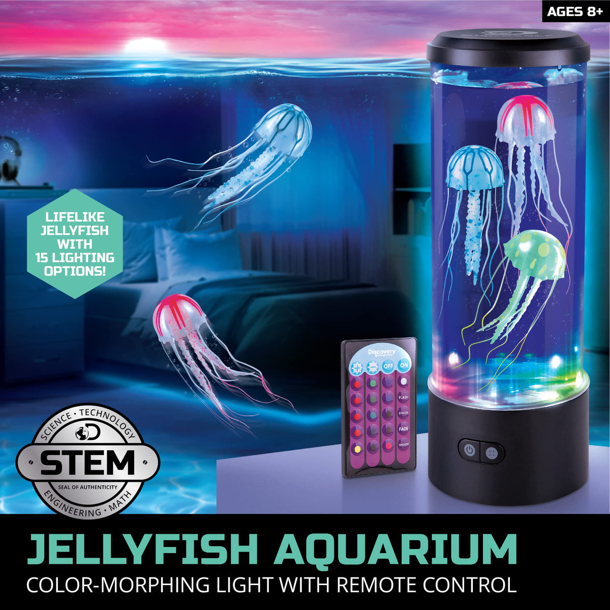 Discovery Jellyfish Aquarium Lamp remote in use for easy color control