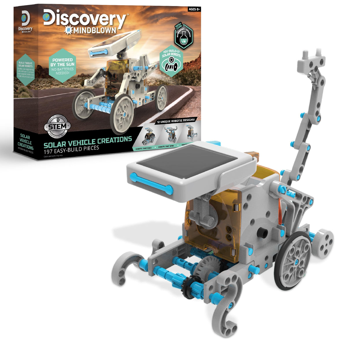 Discovery Mindblown solar panel powers a moving robot during outdoor play.