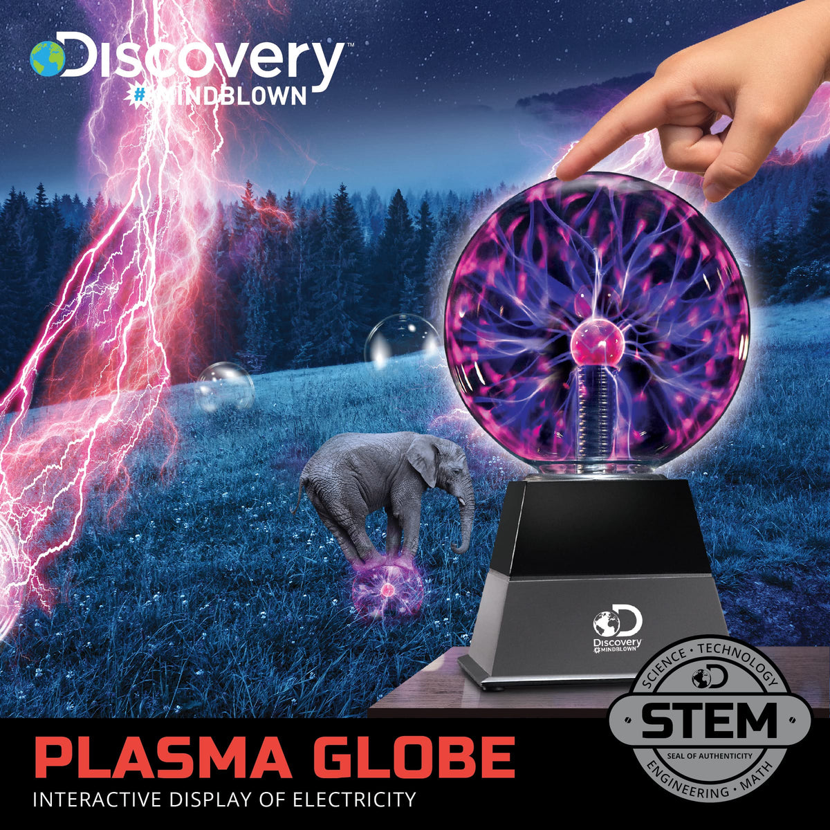 Discovery Plasma Globe touch reaction shows light following fingertips.