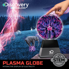 Discovery Plasma Globe touch reaction shows light following fingertips.