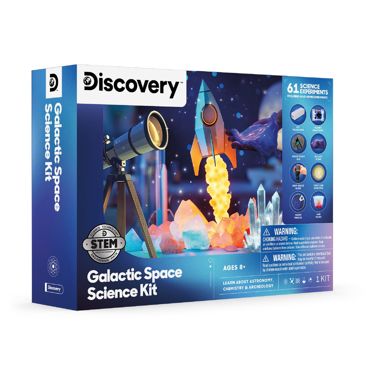 Discovery Galactic Space Kit planet models and erupting experiments simulate orbital ideas.