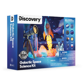 Discovery Galactic Space Kit planet models and erupting experiments simulate orbital ideas.