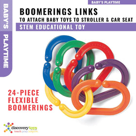 Discovery Toys Boomerings attached to a car seat supporting hands-on exploration