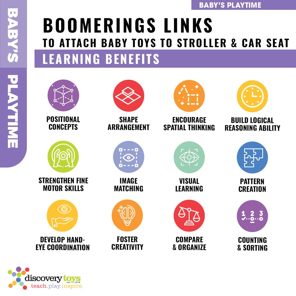 Discovery Toys Boomerings enable easy toy linking and organization during travel