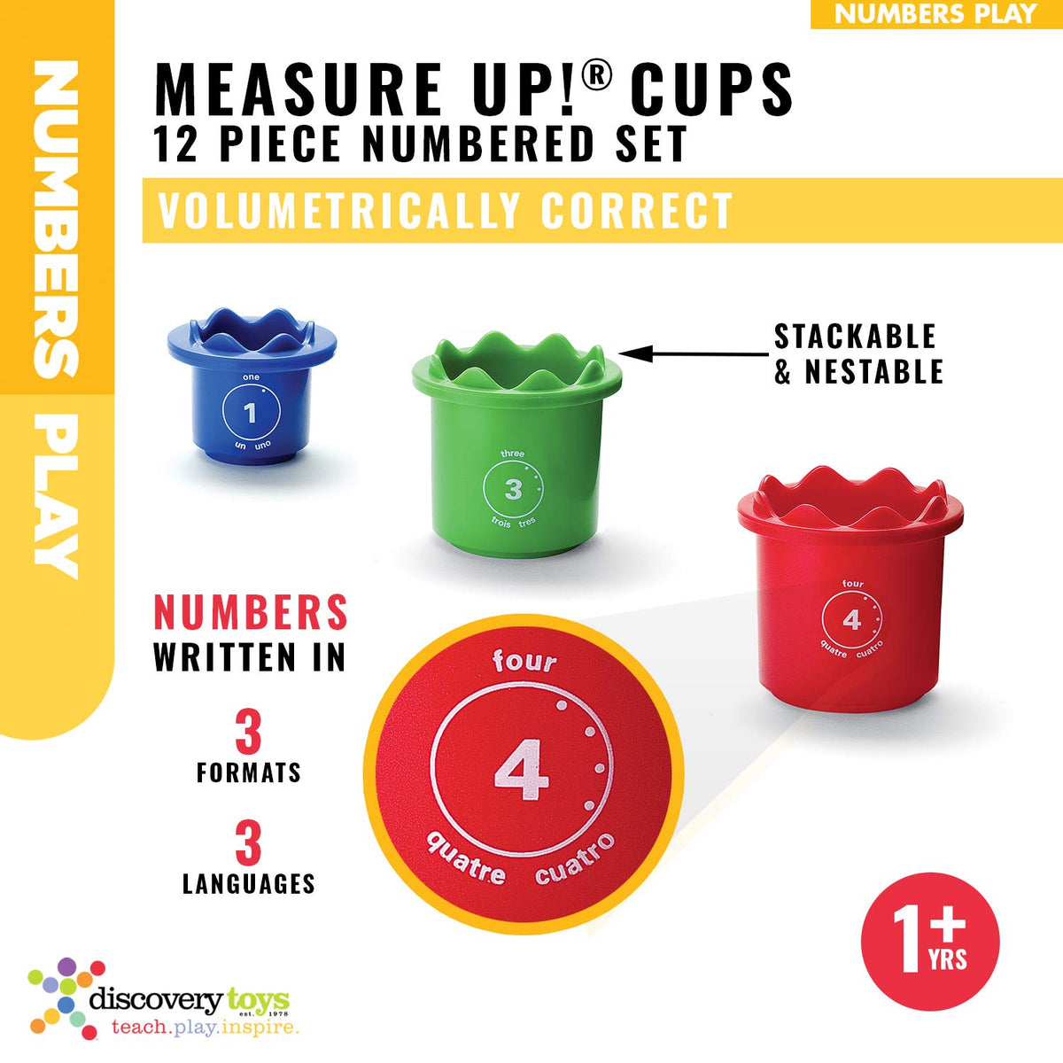Discovery Toys Measure UP! Cups nest together to save space during play.