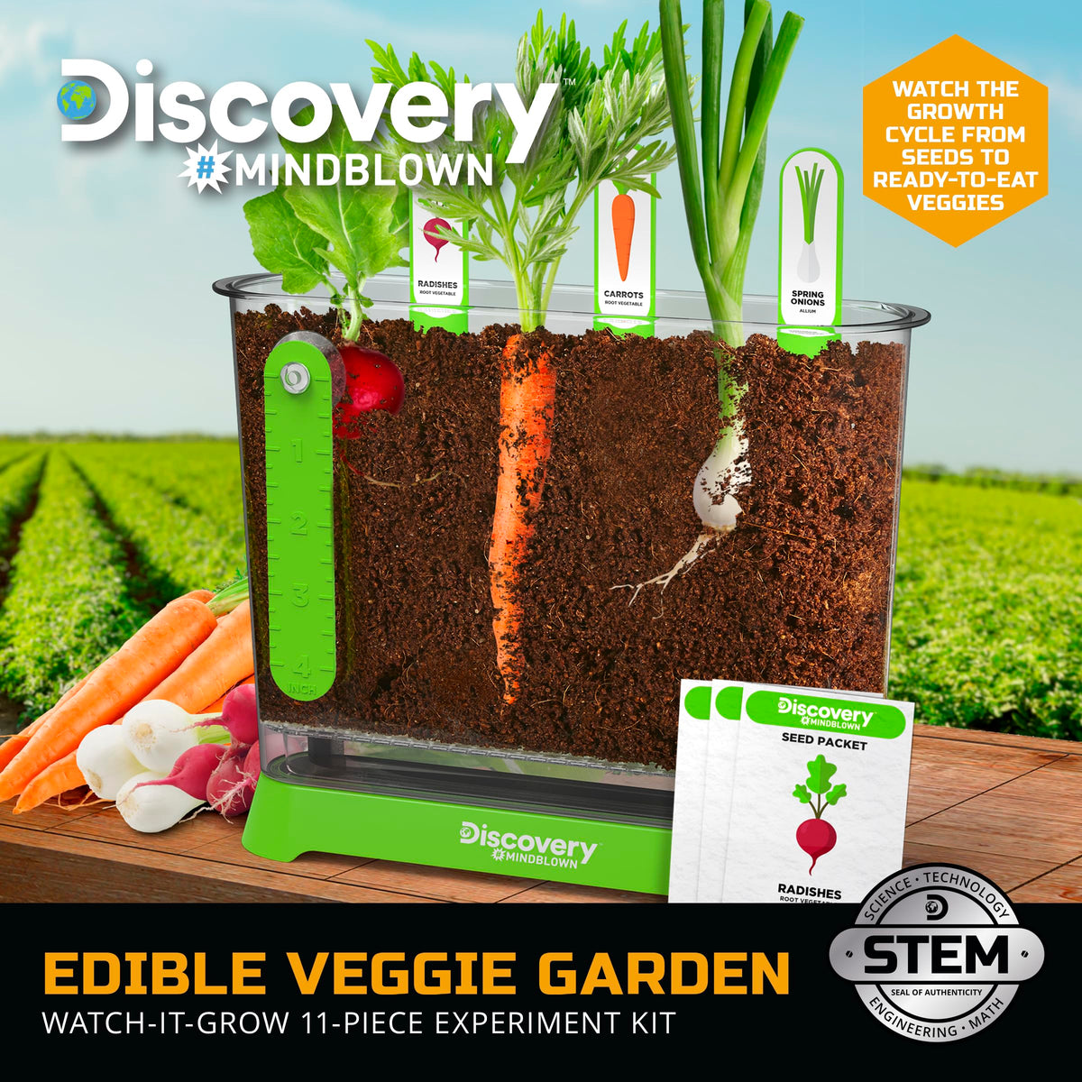 Discovery Veggie Garden drainage tray highlights roots without overwatering for healthier growth.