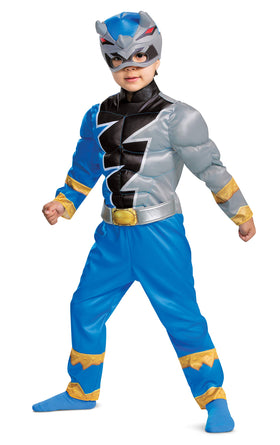 Disguise blue Power Ranger toddler costume with muscle torso for active play.