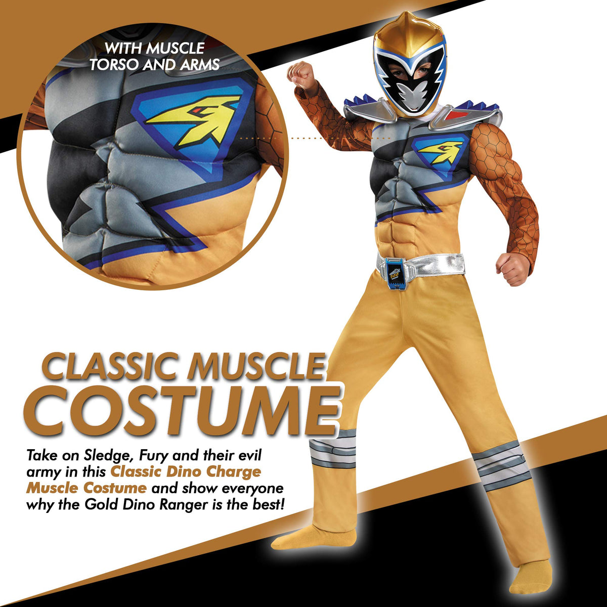 Disguise Gold Power Rangers Dino Charge arms texture for dynamic action-ready look.