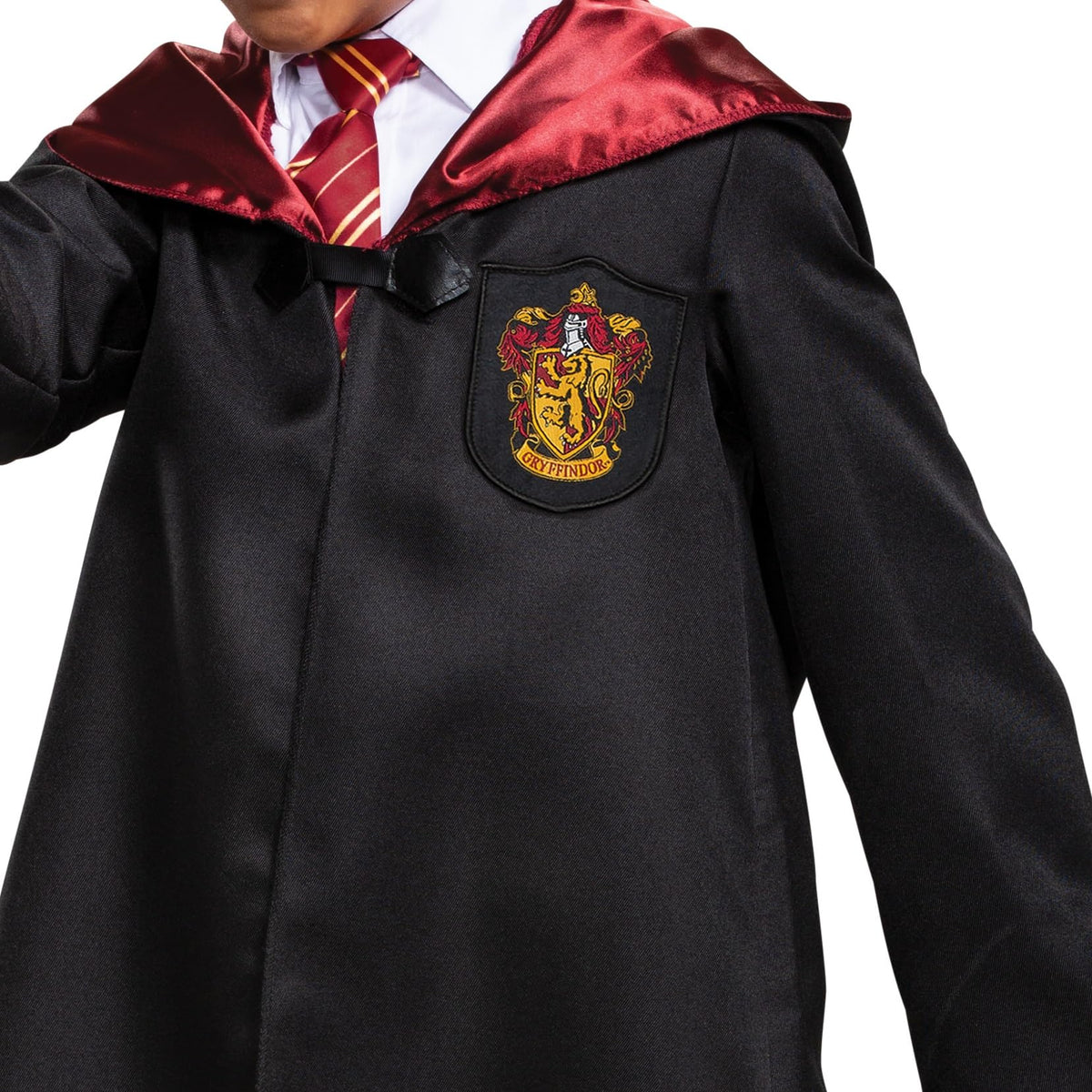 Disguise Gryffindor robe patch detail showcases official house emblem for recognition.