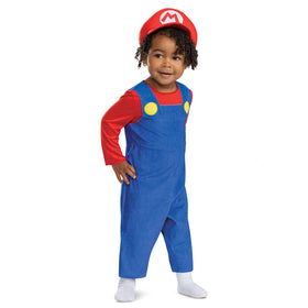 Disguise infant Mario costume jersey and velvet jumpsuit with easy diaper changes.