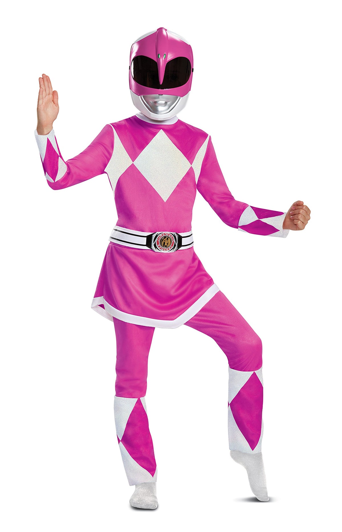 Disguise Pink Ranger Costume jumpsuit front with glitter diamonds for authentic, imaginative play