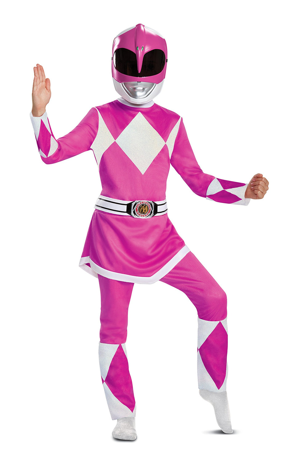 Disguise Pink Ranger Costume jumpsuit front with glitter diamonds for authentic, imaginative play