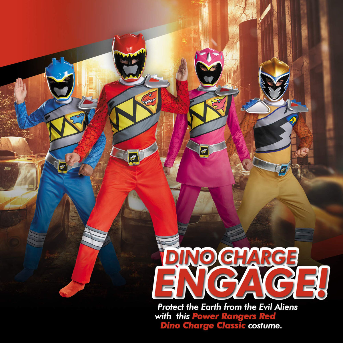 Vibrant red fabric and emblem evoke classic Power Rangers energy in the Disguise costume.