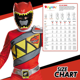 Kid wearing Disguise Red Ranger Dino Charge costume showing athletic torso print detail.