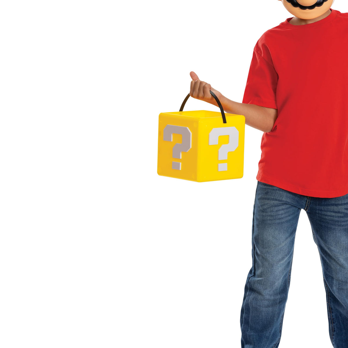 Disguise yellow question block candy bucket front view for party favors and storage