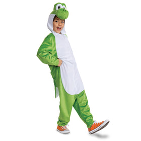 Disguise Yoshi costume hooded jumpsuit for kids, ideal dress-up fun.