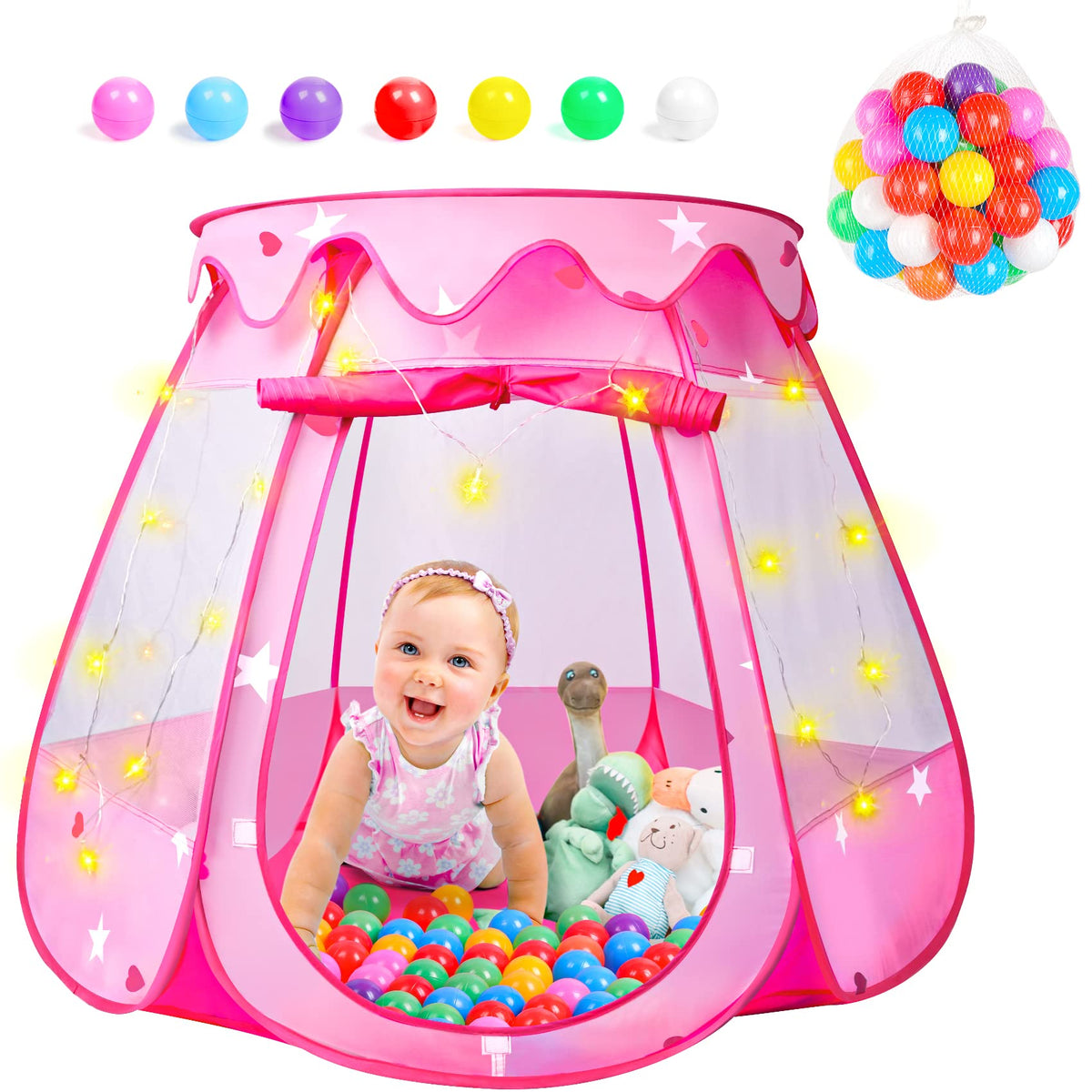 DISHIO ball pit with 50 balls and star lights invites indoor princess play.