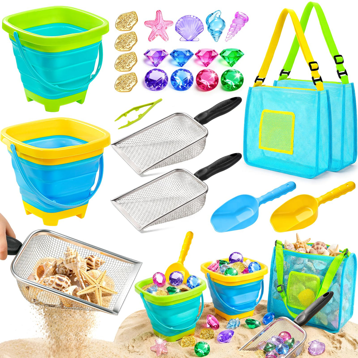 DISHIO beach toys 25-piece set with metal sand sifters for treasure hunts