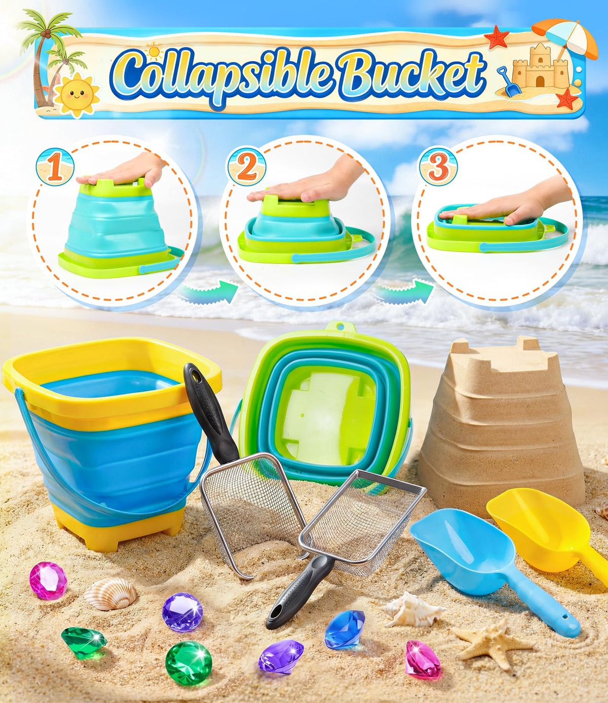 DISHIO collapsible buckets saving space and enabling sandcastle building