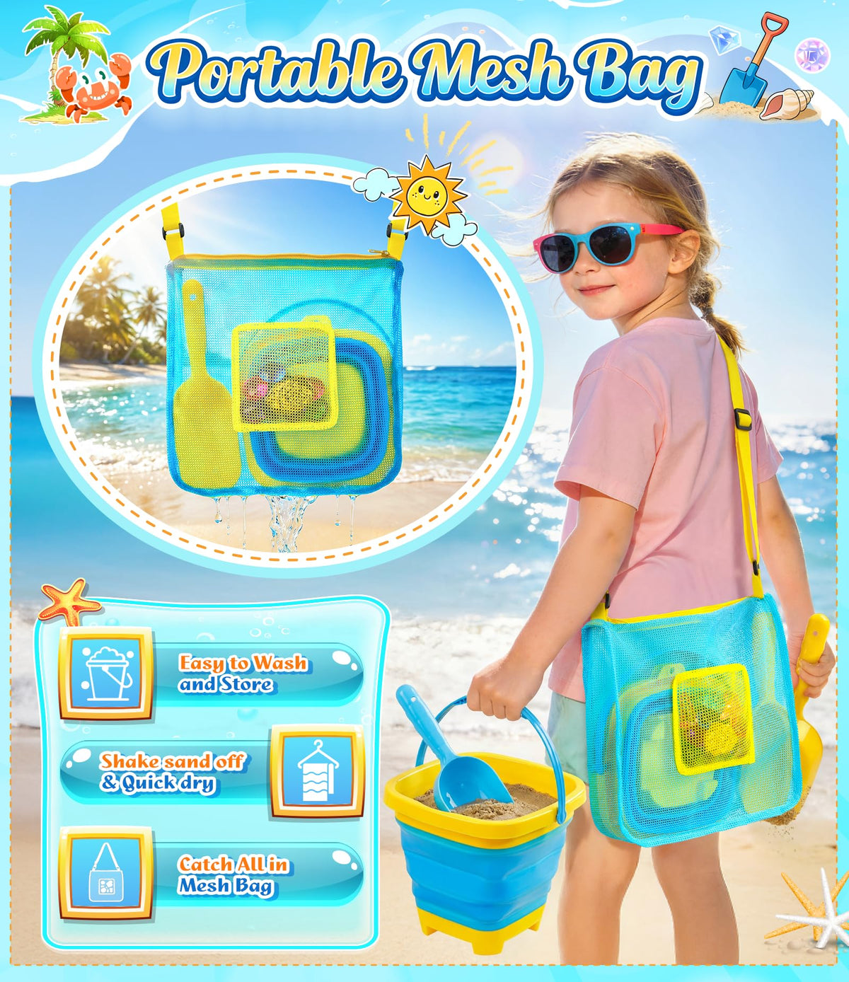 DISHIO mesh tote bag keeps gear organized and reduces sand mess