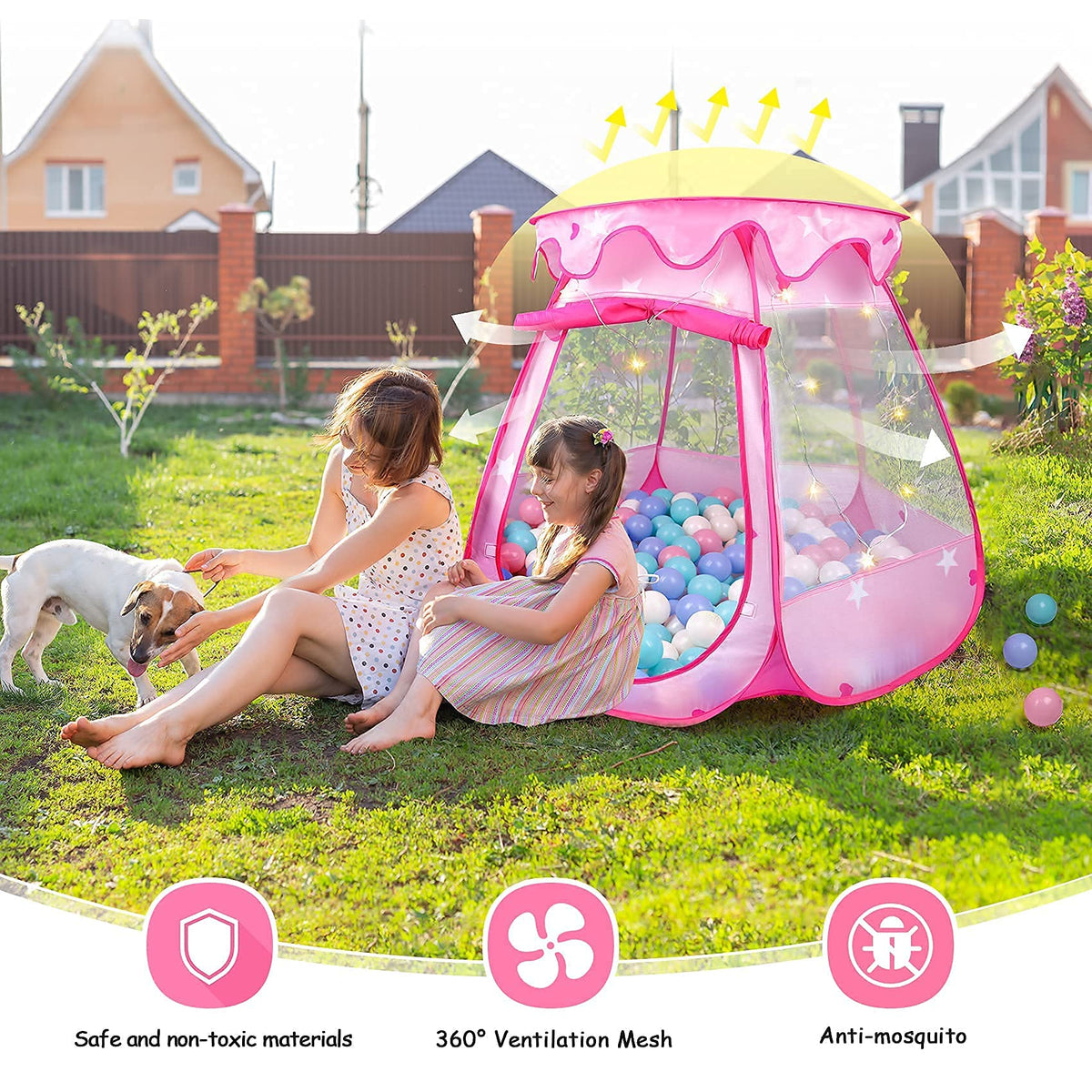 DISHIO Princess Tent detachable roof offers adjustable shade and airflow.