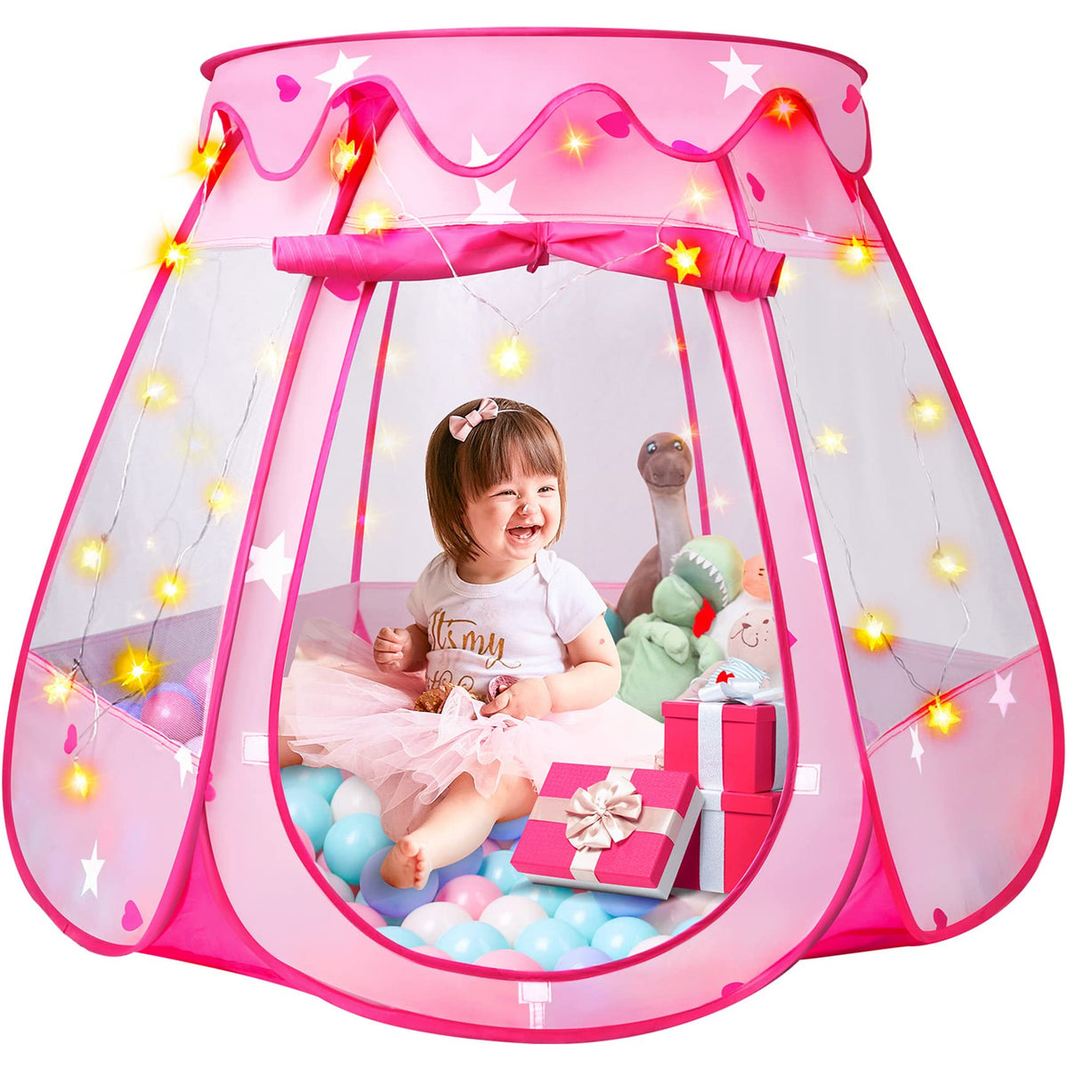 DISHIO Princess Tent with star lights creates a cozy imaginative play space.