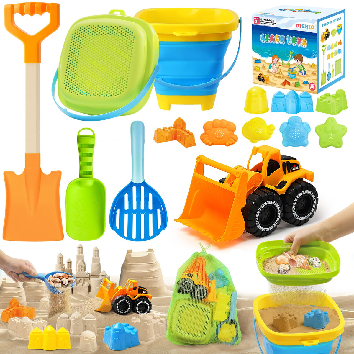 DISHIO collapsible bucket beach toy for easy storage and creative sand play.