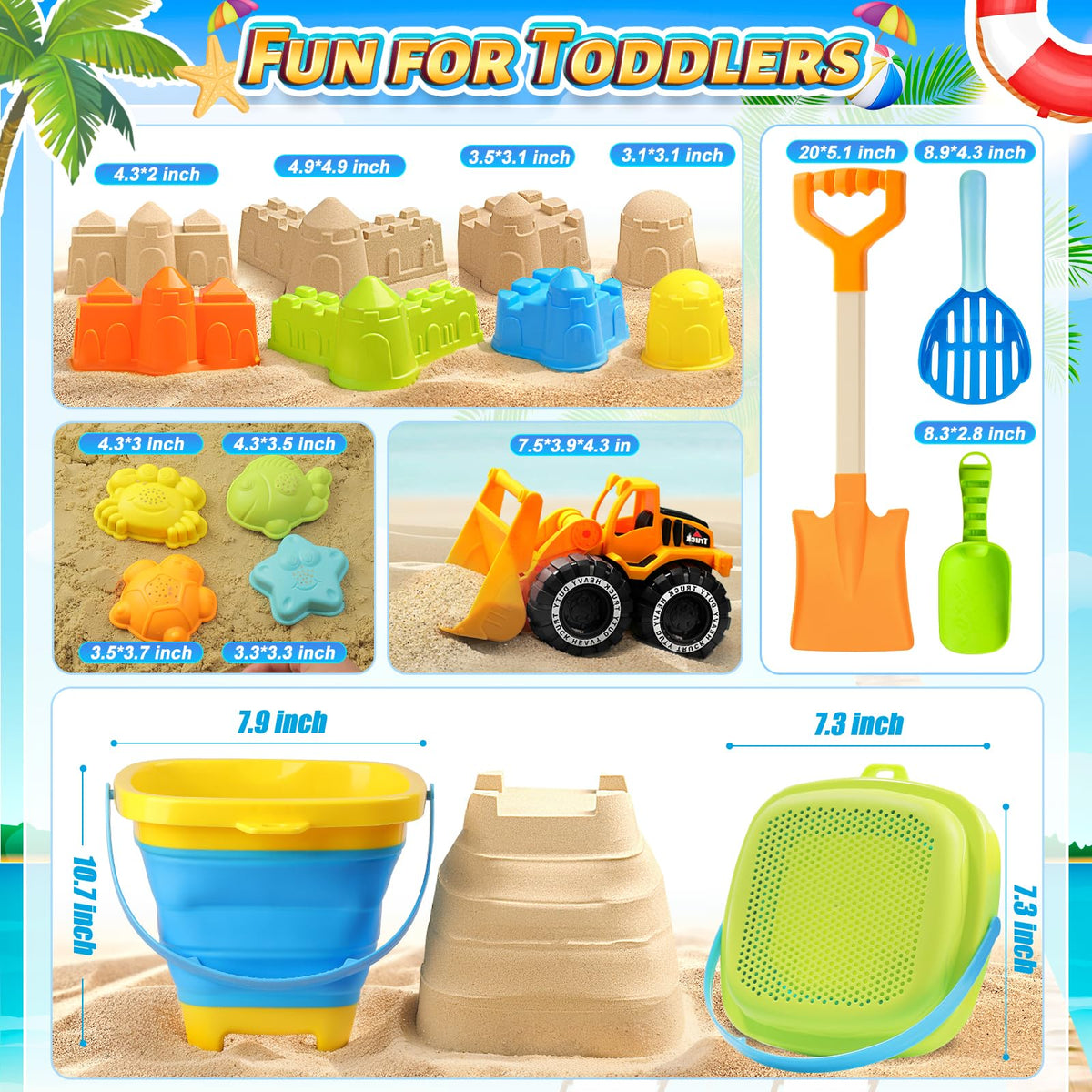 DISHIO shovel and rake tools complete the set for varied sand tasks.