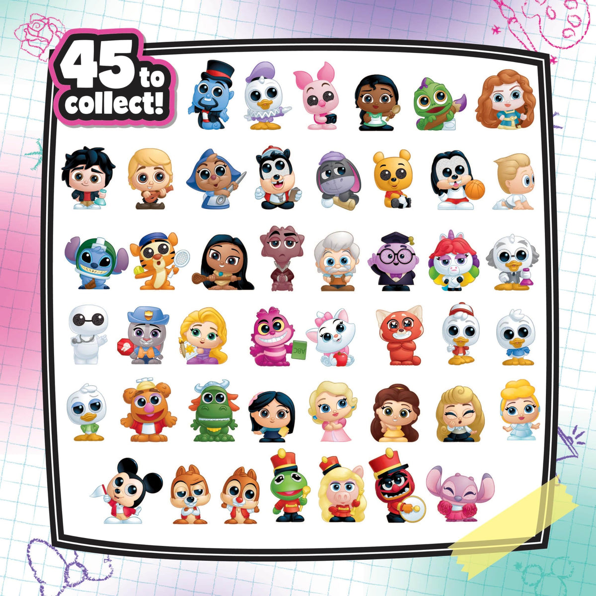 Disney Doorables Academy Campus Crew glittery eyes detail adds charm and collectability for fans.