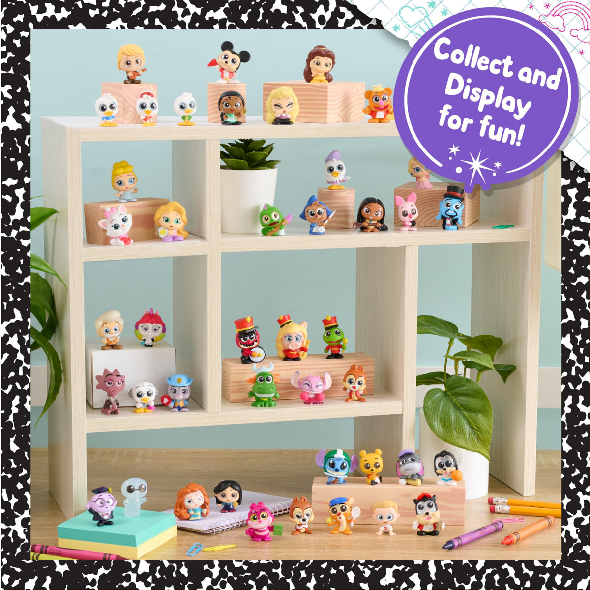 Disney Doorables Academy Campus Crew figures display highlights 1.5-inch figures with glittery eyes, ideal for display.