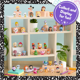 Disney Doorables Academy Campus Crew figures display highlights 1.5-inch figures with glittery eyes, ideal for display.