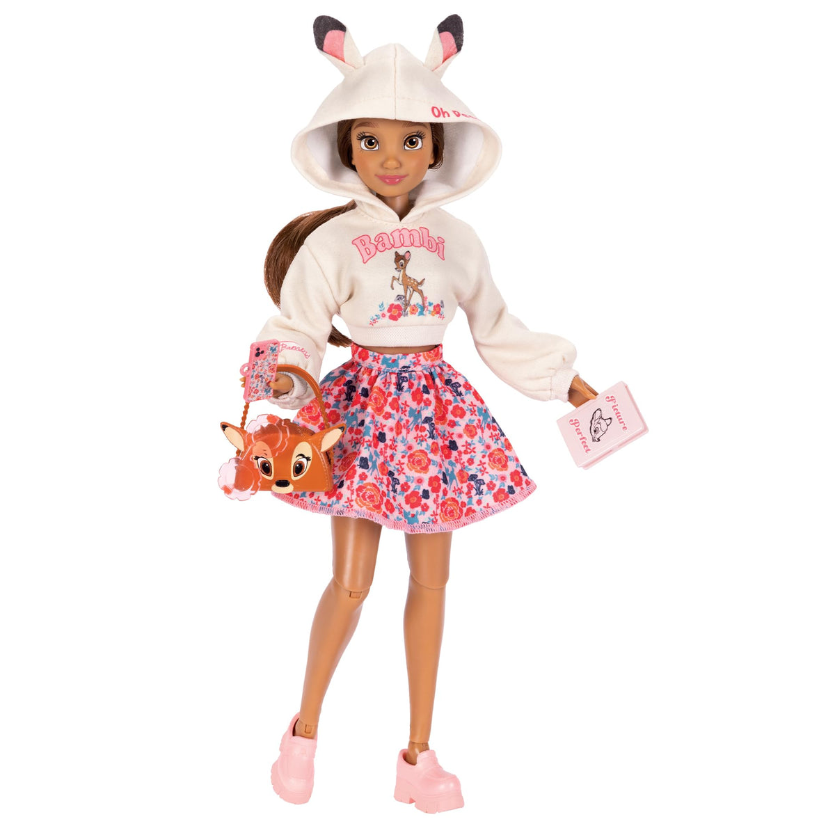 Disney ILY 4EVER Bambi doll in a cozy hoodie and floral skirt for imaginative play
