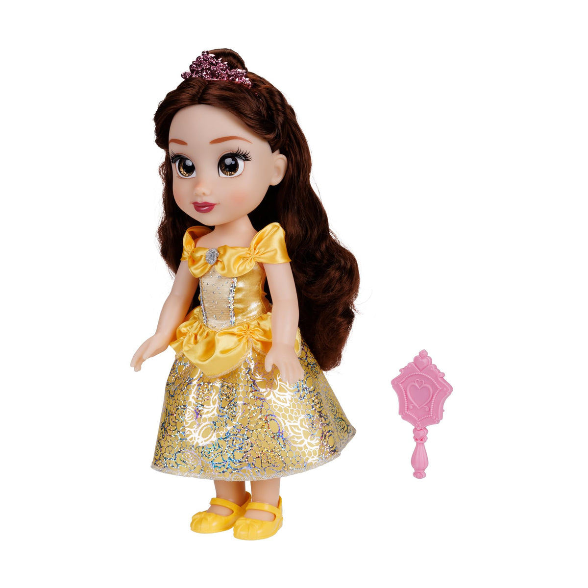 Disney Princess Belle doll rose mirrors detail supports imaginative storytelling.