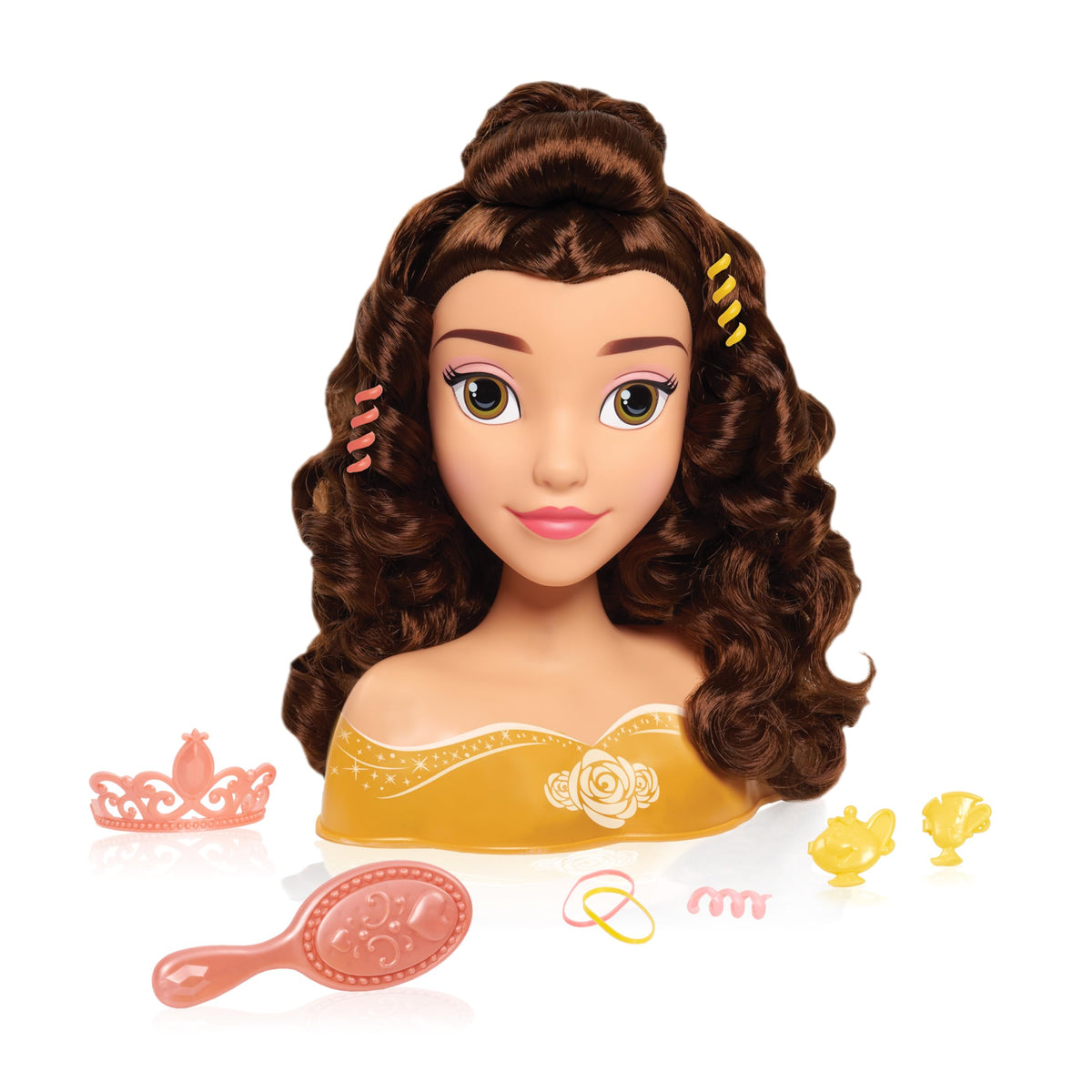 Disney Princess Belle styling head with long brown hair for creative pretend styling sessions