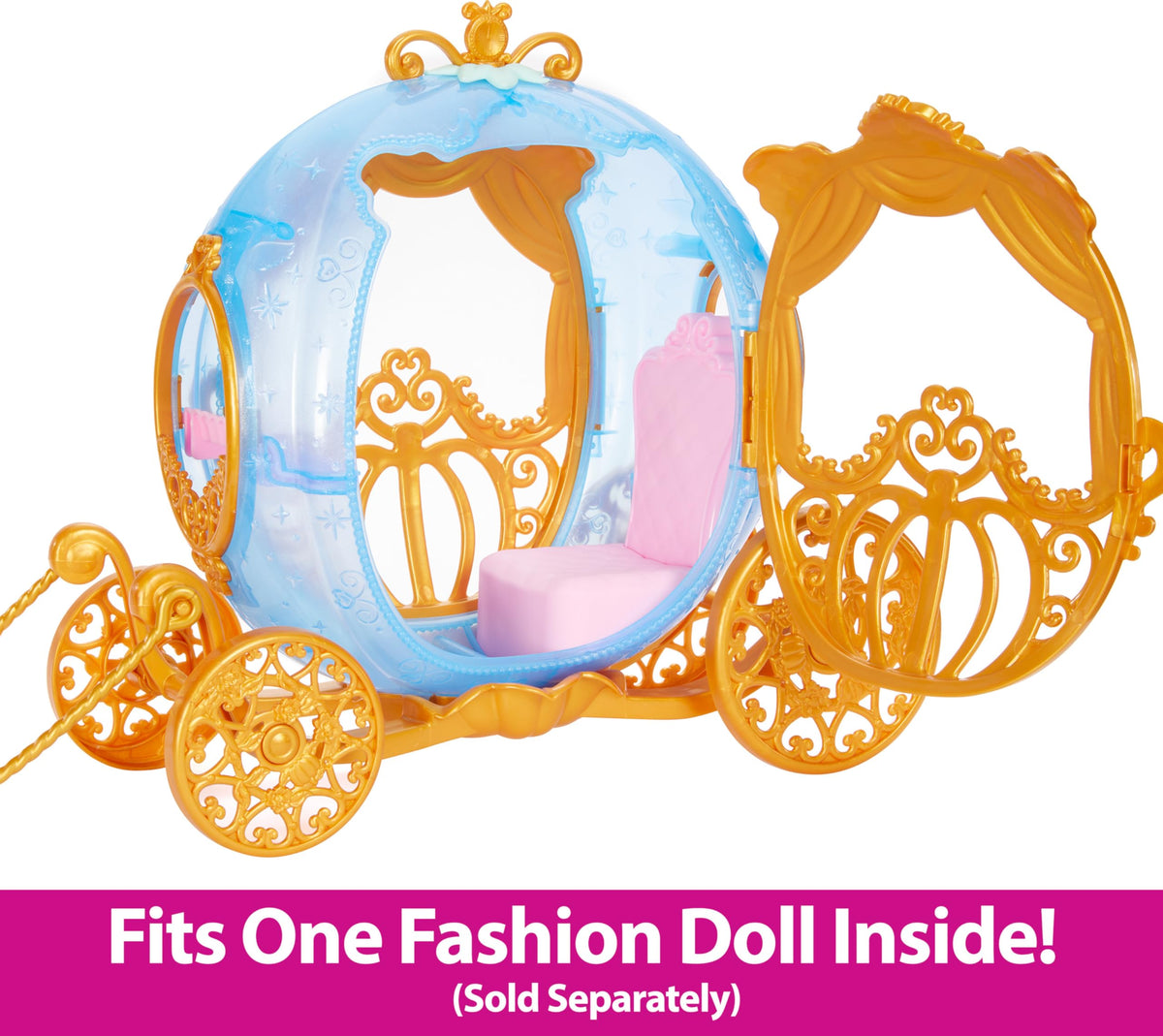 Disney Princess carriage wheels roll smoothly for active pretend adventures.