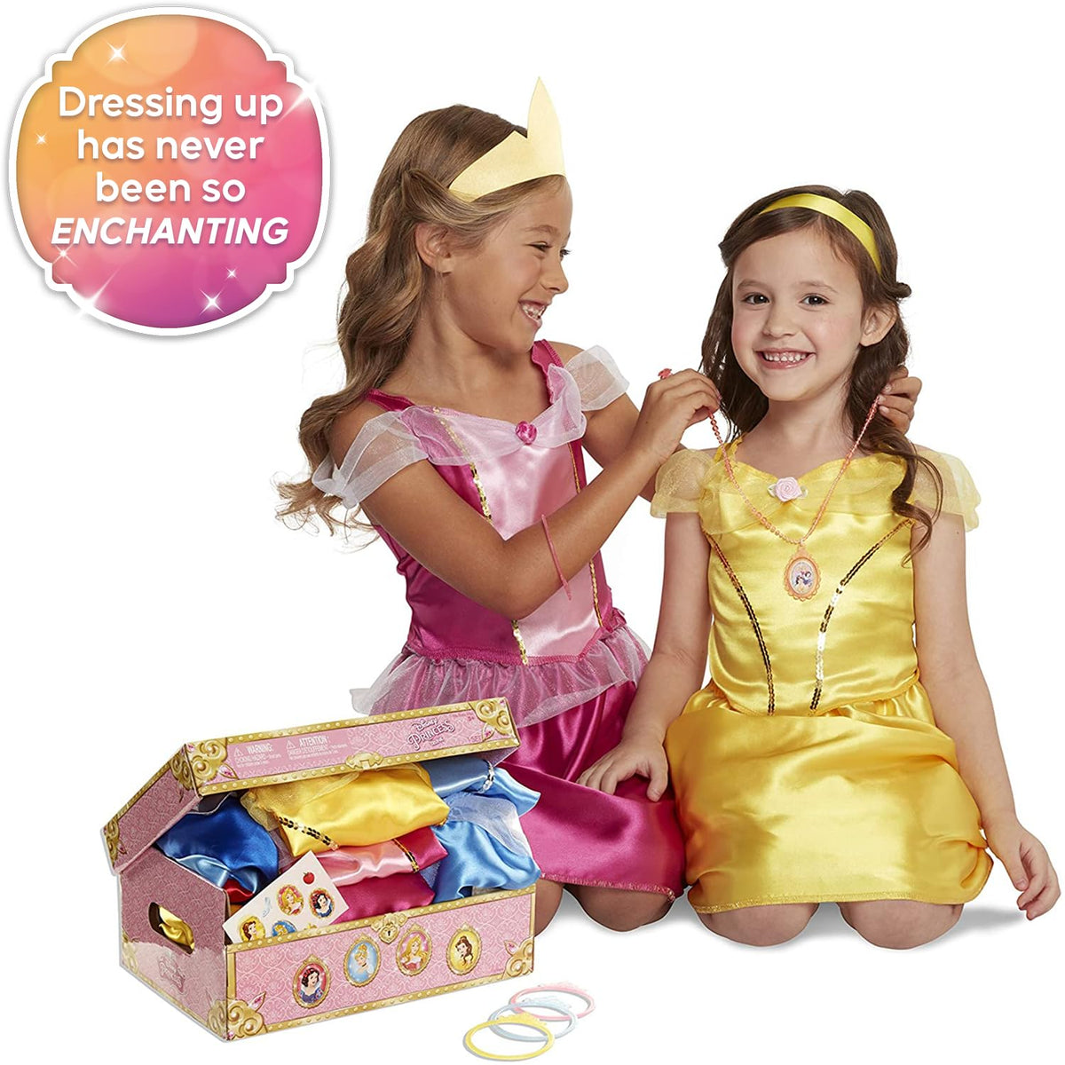 Disney Princess outfits feature Aurora, Belle, Cinderella, Snow White for play.