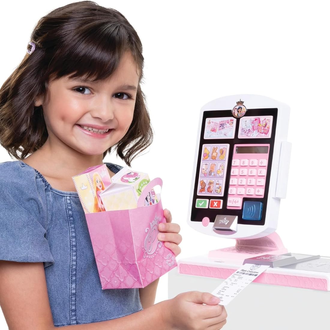 Disney Princess language button switches to 10 languages for diverse pretend shopping.